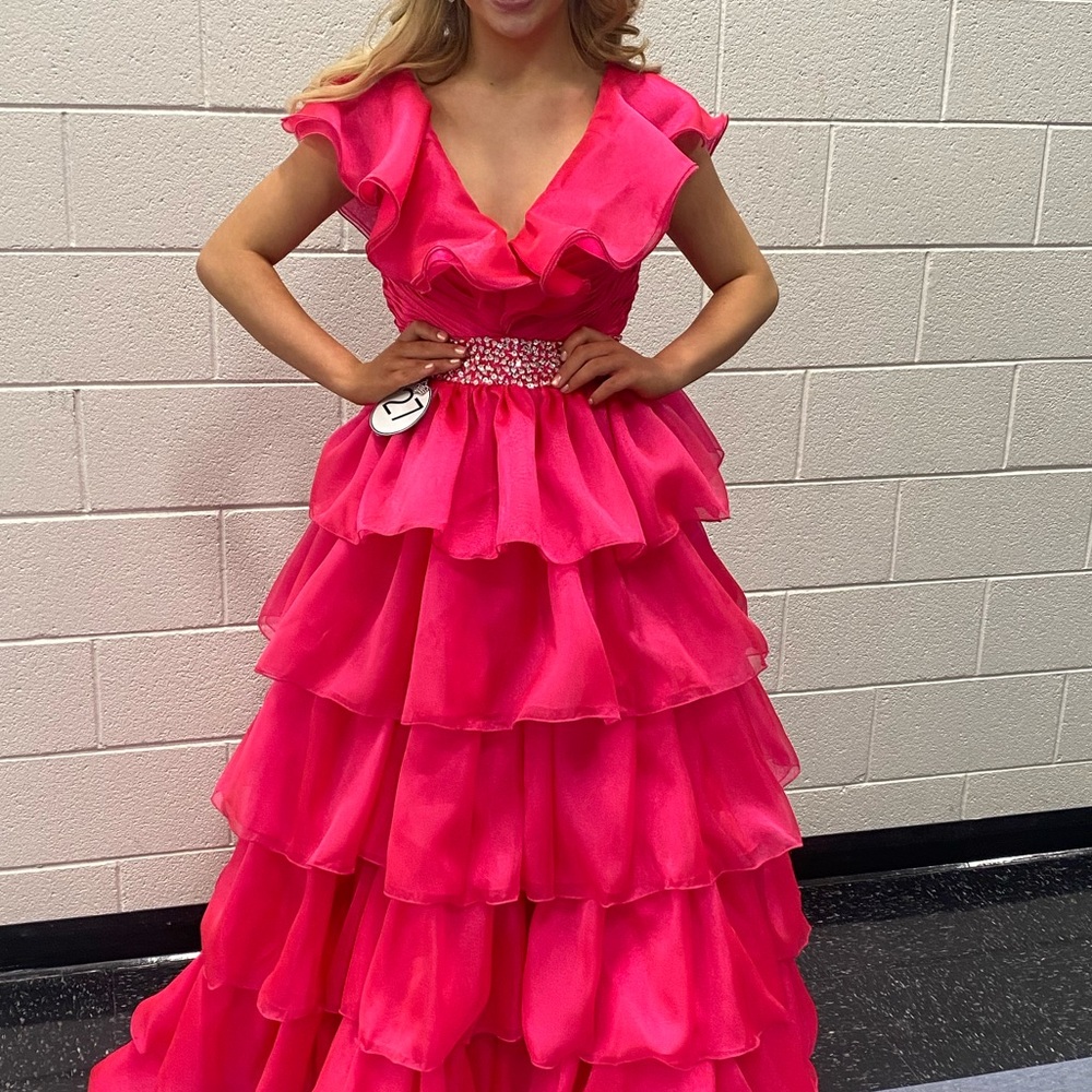 Elegant Hot Pink Ruffled Tiered Evening Dress